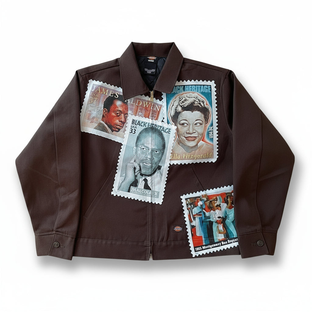 Brown jacket with Black Heritage stamps featuring famous African Americans on a light background.