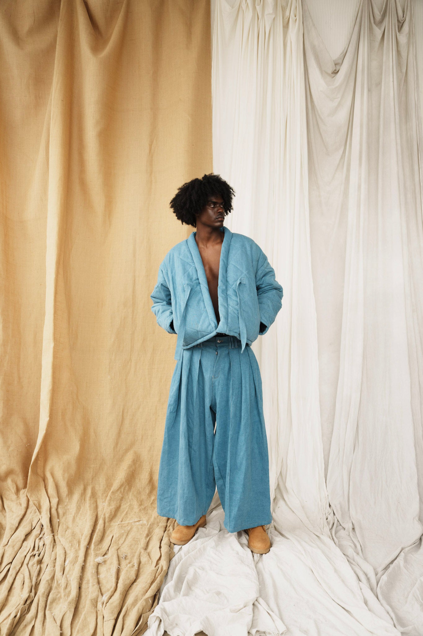 Blue Denim Kimono Puffer Jacket