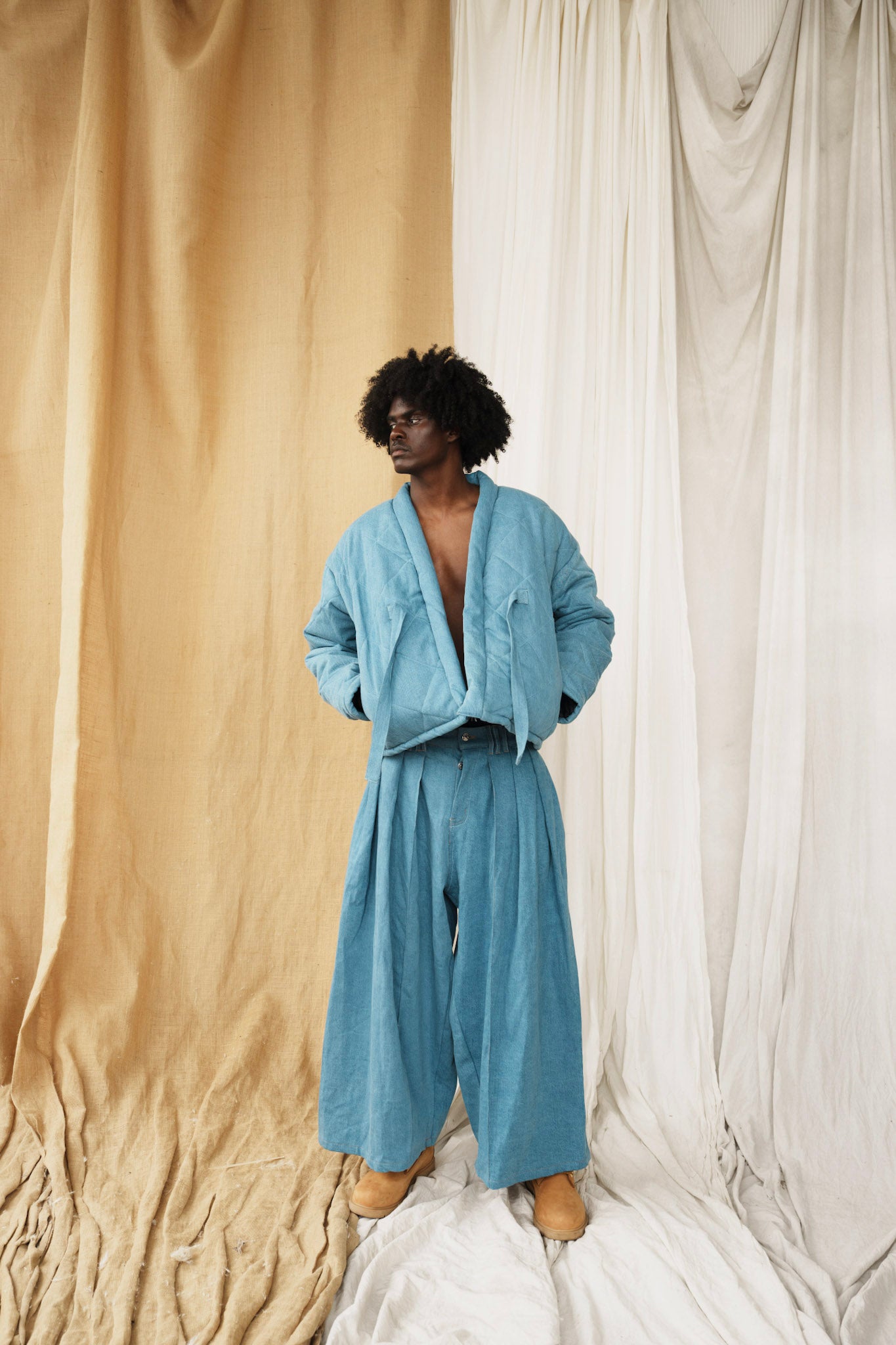 Blue Denim Kimono Puffer Jacket