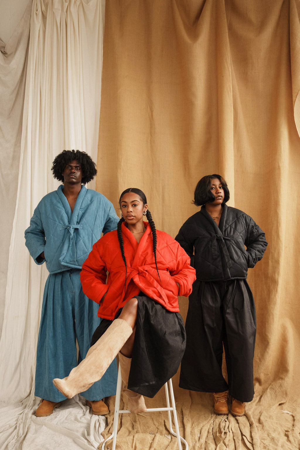 Red Wax Denim Kimono Puffer Jacket