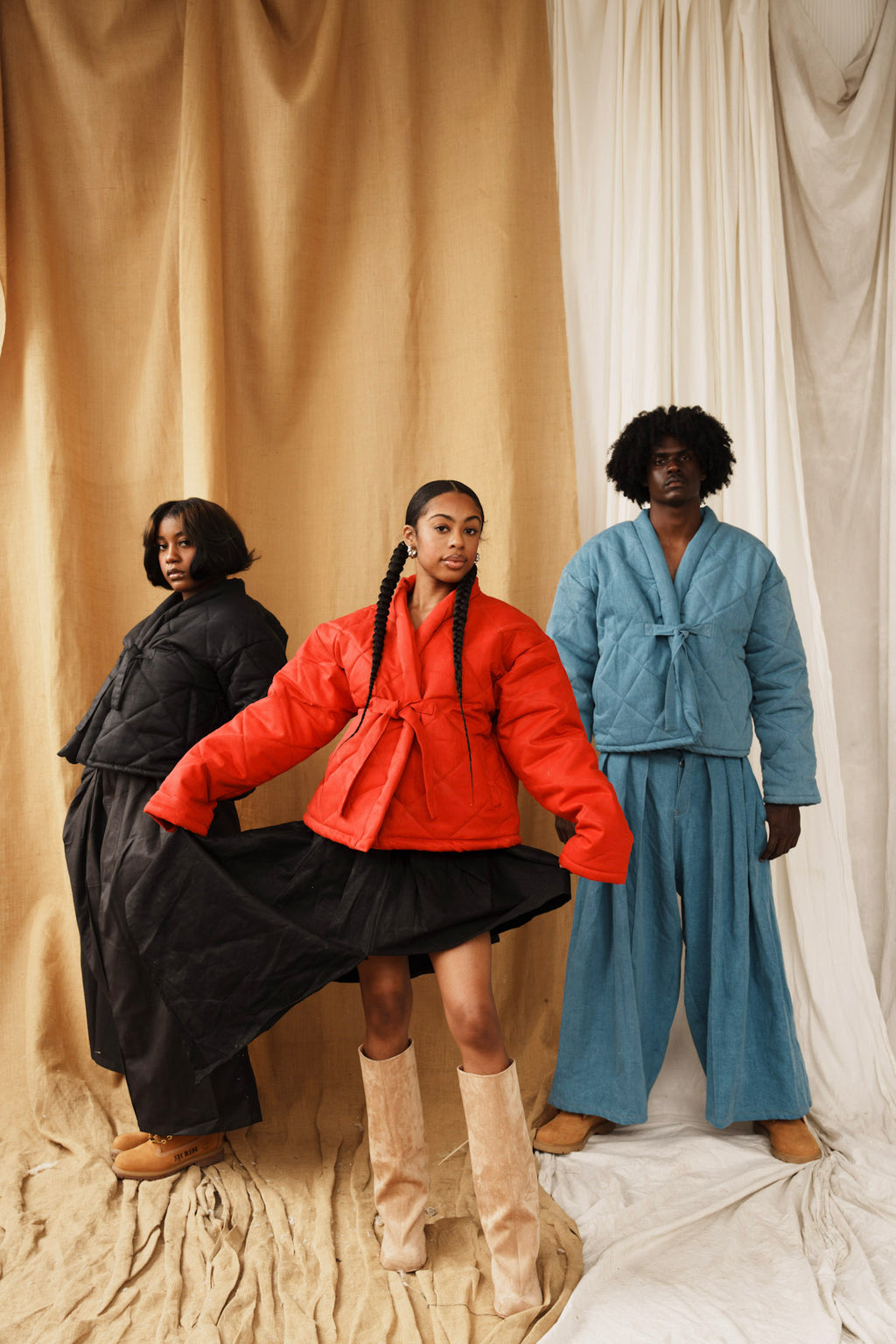 Red Wax Denim Kimono Puffer Jacket